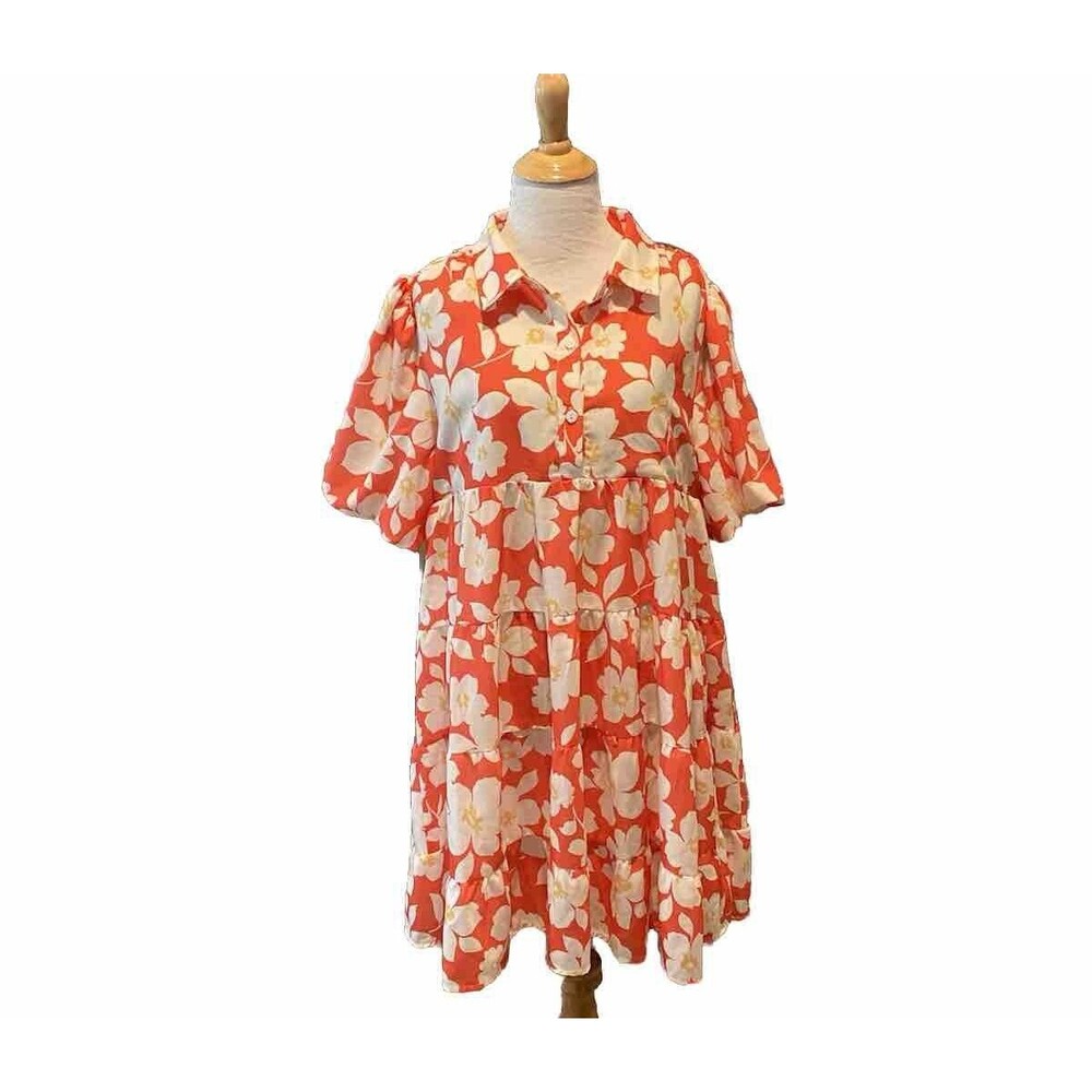 BlueB. Collection Baby Doll Mini Dress Red White Floral Collard Size Large NWOT